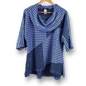 Yushi top large navy and periwinkle blue open weave loose fit cowl neck elbow sl